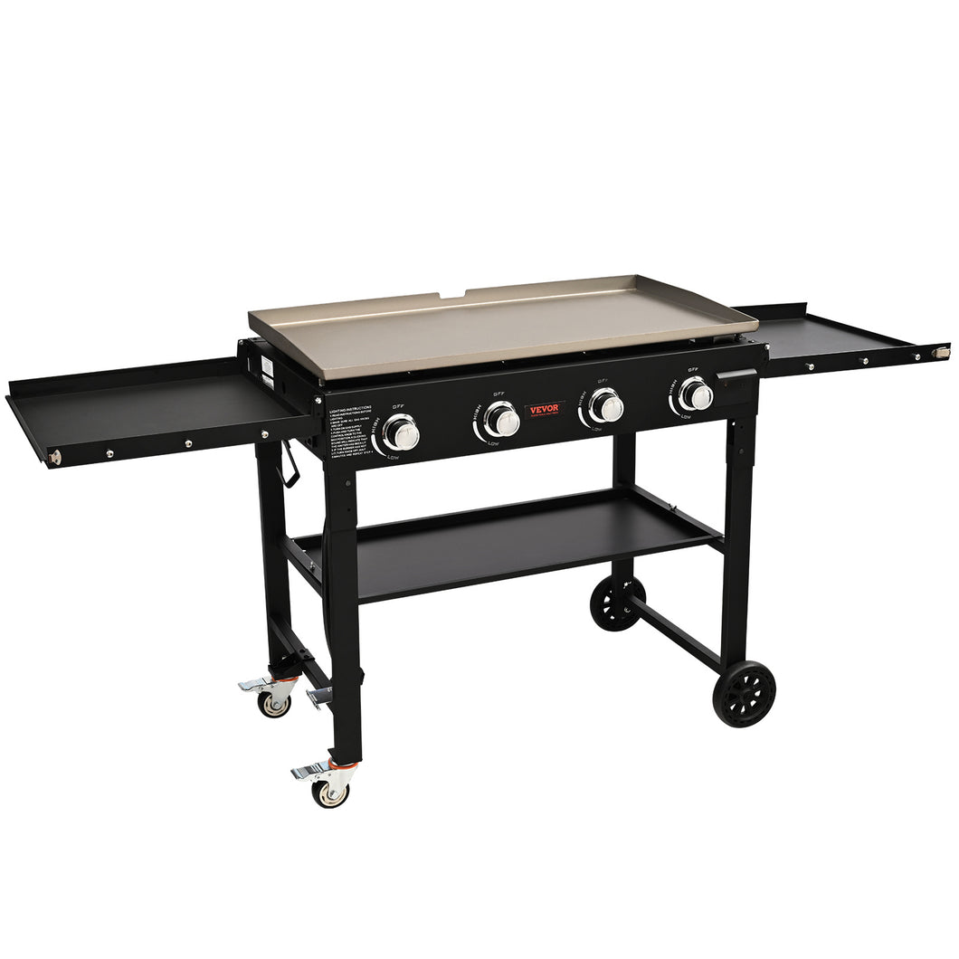 Commercial Griddle On Cart, 36' Heavy Duty Manual Flat Top Griddle, Outdoor Cooking Station With Side Shelves, Steel Natural Gas Griddle, 4-Burners Restaurant Portable Tested ToStandards