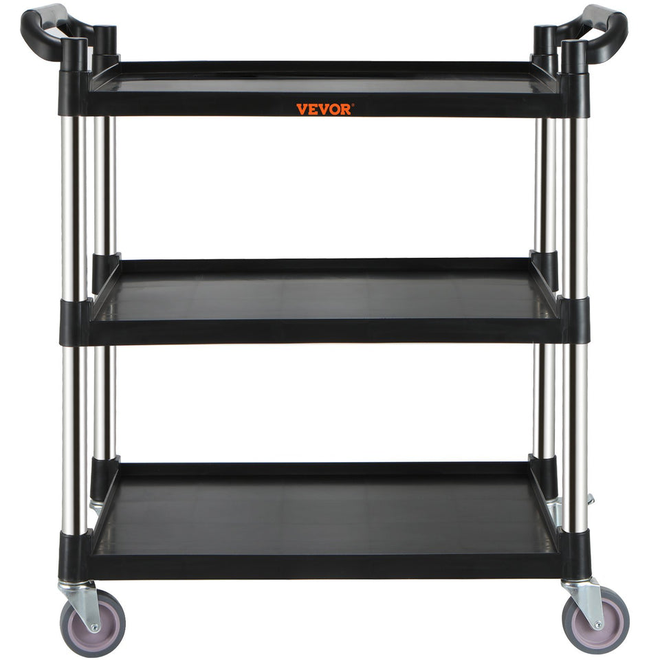 VEVOR Utility Service Cart, 3 Shelf Heavy Duty 154LBS Food Service Cart, Rolling Utility Cart With Lockable Wheels, Plastic Utility Cart For Kitchen Office Restaurant Home, Black