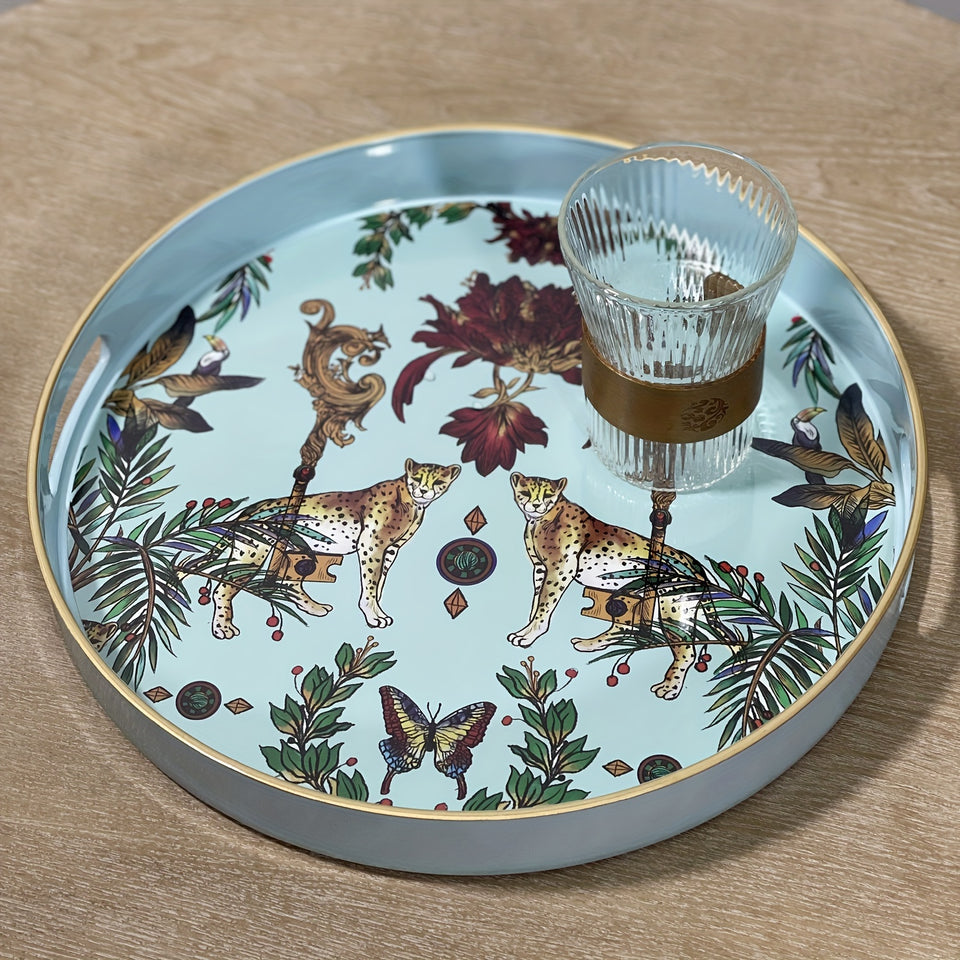 1pc Small Sculpture Decoration, Jungle Leopard Round Decorative Tray, Marbling Plastic Tray With Handles, Modern Vanity Tray And Serving Tray For Ottoman, Coffee Table, Kitchen And Bathroom, 13", Home Decor