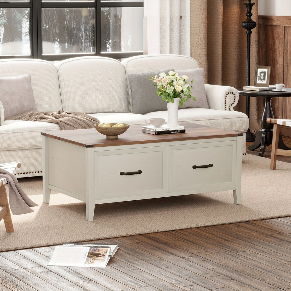 Farmhouse Coffee Table, 43'' Hinged Lift Top Wood Center Table with Large Hidden Storage & 2 Drawers for Living Room