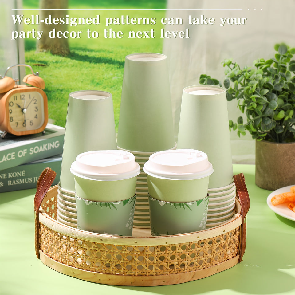 100 Pack 16 Oz Coffee Cups With Lids And Sleeves Sage Green Disposable Paper Cups Hot Cups Bulk For Spring Home Restaurant Wedding Event Decoration (Sage Green, 16 Oz)