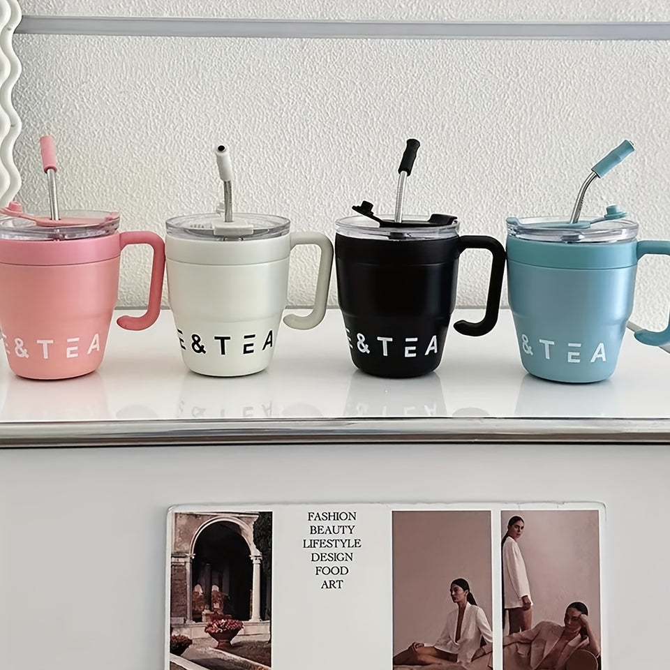 480ml/16 Oz Double-Layer Vacuum Insulated Stainless Steel Coffee Cup With Handle And Straw, Black, White, Light Blue, Pink, Brown, Green