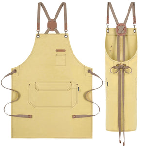 Canvas Work Apron for Artist Bartender Barista Carpenter Gardener Hairstylist, Cross Back Strap Adjustable for Men Women Apron with Large Pocket, Chef Apron for Kitchen Cooking Baking Grilling -Yello