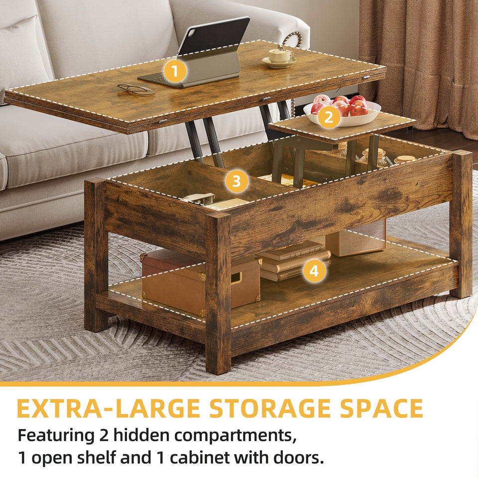 Sablyme Rustic Farmhouse Lift Top Coffee Table, 3-in-1 Multi-Function Center Table with Storage, Brown Hardwood - Ideal for Living Room, Adjustable Height for Comfortable Use
