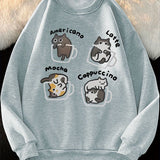 [100% Polyester Long Sleeve Sweatshirt] Casual Crew Neck Sweatshirt with Cute Cat in Coffee Cup Print - 100% Polyester Knit Fabric, Long Sleeve Pullover for All Seasons, Animal Pattern, Comfort Style Top for Women