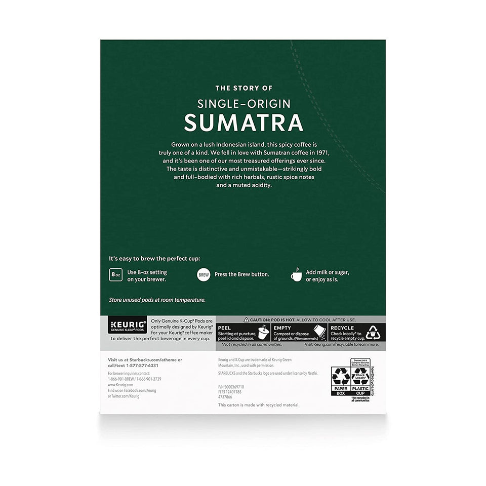 Starbucks K-Cup Coffee Pods—Dark Roast Coffee—Sumatra for Keurig Brewers—100% Ar