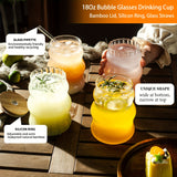8PCS, Ribbed Drinking Glass Cups with Straws Set, 18 oz Aesthetic Iced Coffee Glasses, Wave Bubble Glasses Tumbler, Ripple Glassware, Beer Glasses for Coctail, Milk, Soda, Gift with Brush
