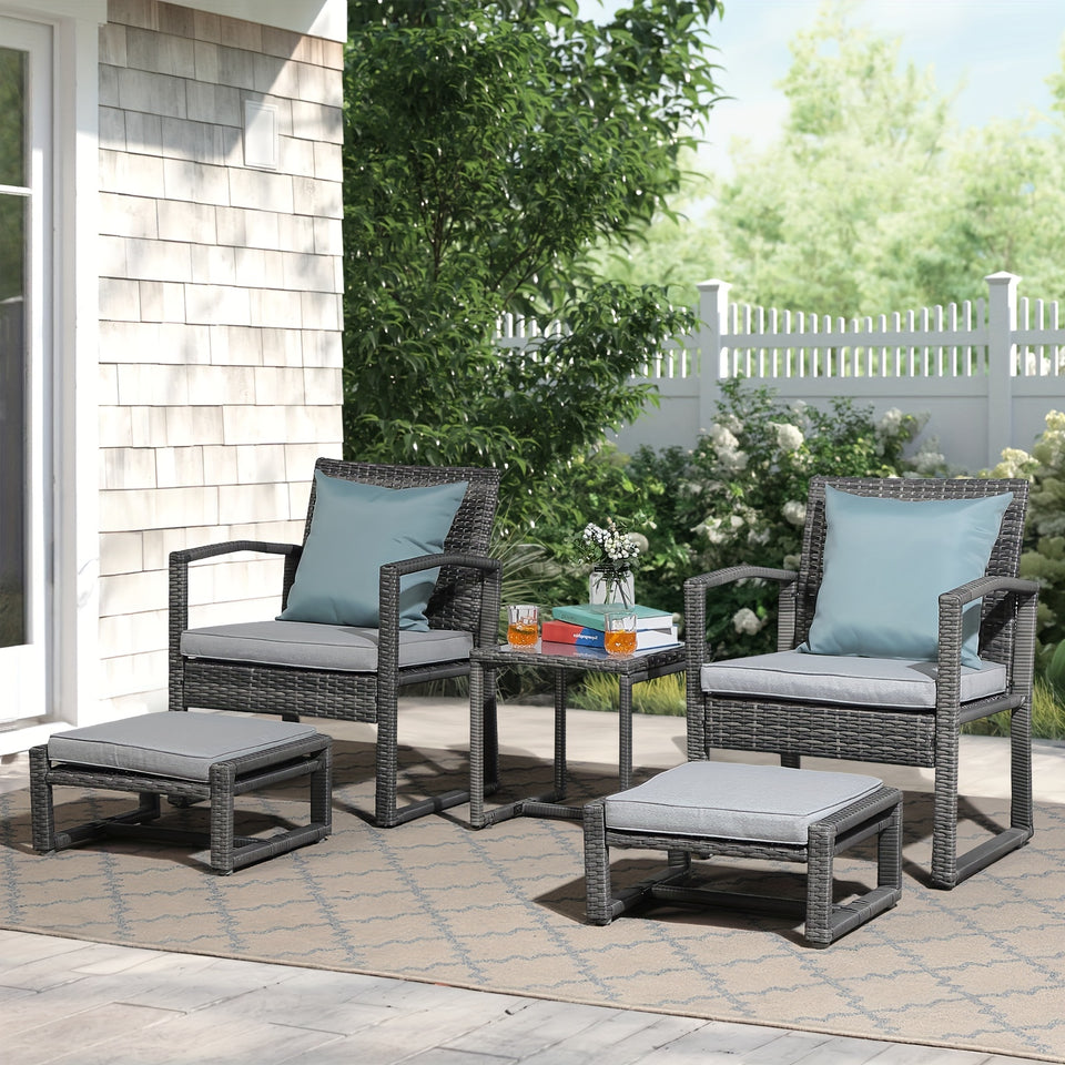 Outdoor 5-Piece Furniture Set, All-weather Rattan Wicker Conversation Set, Grey PE Woven Chairs With Ottoman And Coffee Table, For Patios, Balconies, And Gardens