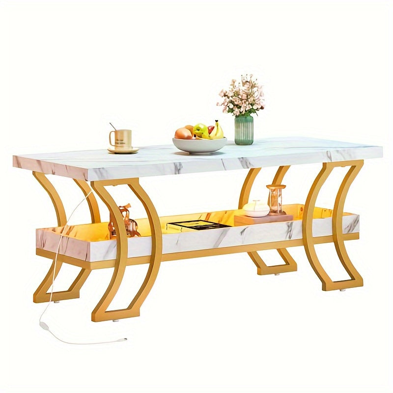 HOMIFLEX Coffee Table Modern Coffee Tables for Living Room White Marble Coffee Table Led Coffee Table with Storage 2-Tier Wood Center Table, Gold and White