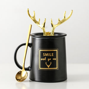 Nordic Couple Mug Porcelain Cup Golden Antlers Cover Home Spoon With Lid Milk Coffee Cup Drinking Glass Black White Ceramic Mug