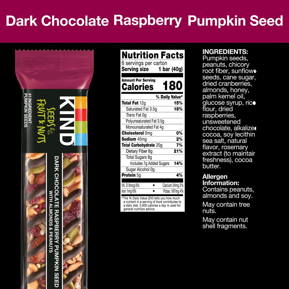 Seeds Fruit & Nuts Snack Bar, Dark Chocolate Raspberry Pumpkin Seed, Gluten Free, 6 Count Box ( 3 Box )