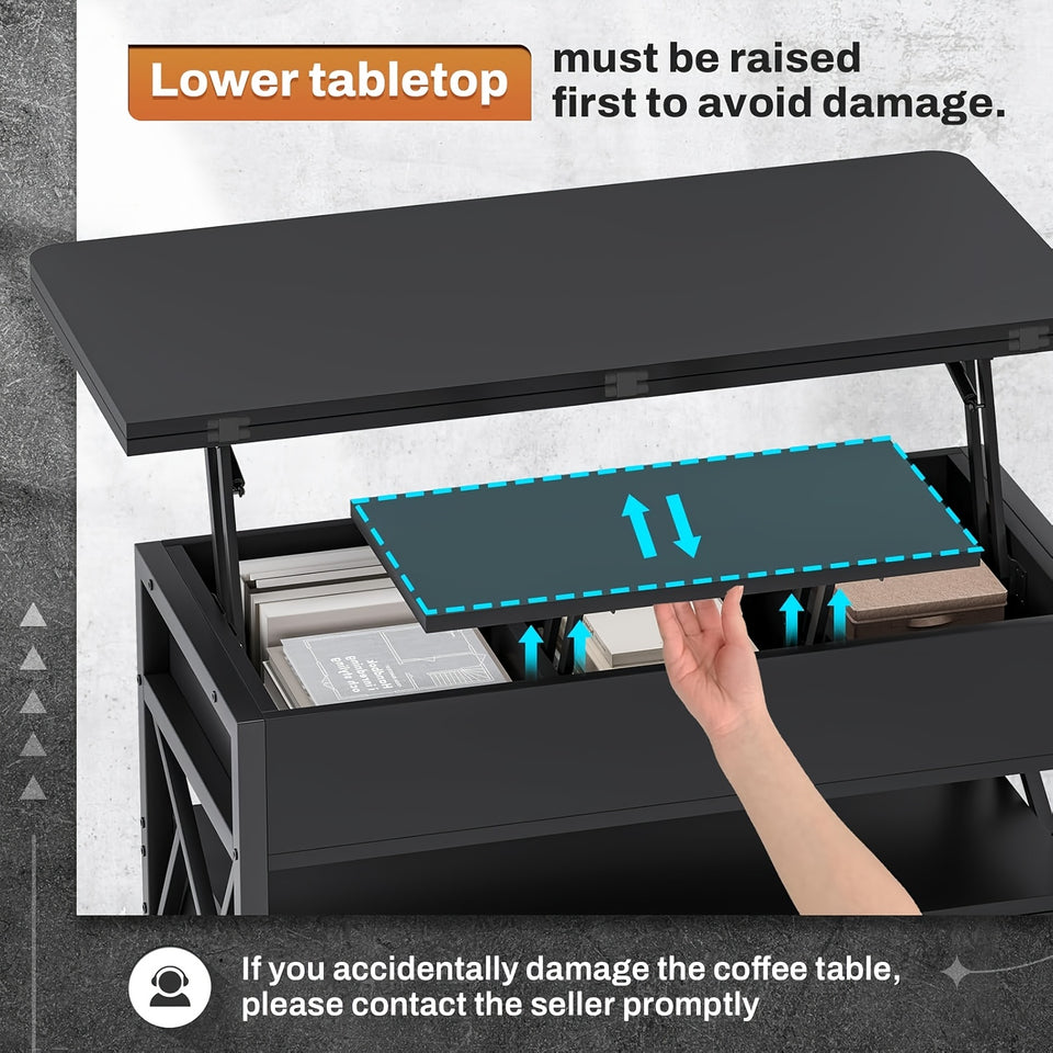 Lift Top Coffee Table with Storage, Small Farmhouse Coffee Table, 4-in-1 with 2 Drawers & LED Light, for Living Room Dining Reception Room, 40", White Brown Black