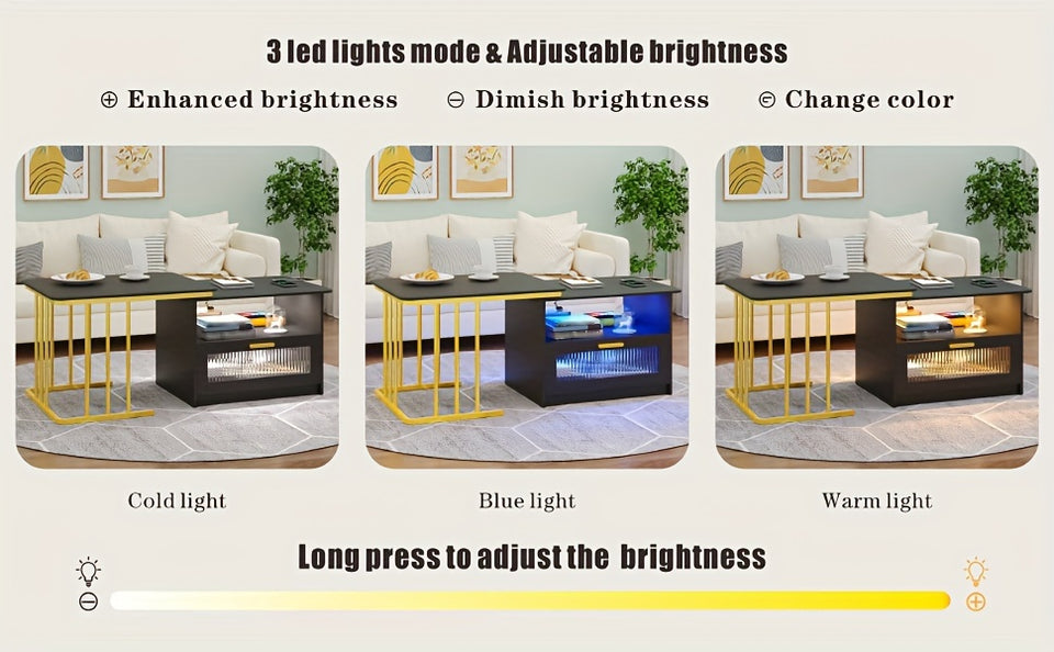 Modern Square LED Coffee Table with Storage - Auto Sensor 3 Colors Lights, Charging Station, Low Profile, White Finish - Perfect for Living Room, Center Table, Coffee Bar Table