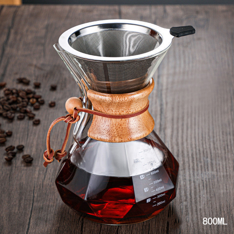 Hand-made Coffee Pot Diamond-shaped Glass Drip Pot Filter Cup With Wood Chip Scale