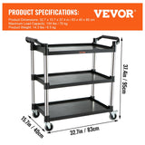 VEVOR Utility Service Cart, 3 Shelf Heavy Duty 154LBS Food Service Cart, Rolling Utility Cart With Lockable Wheels, Plastic Utility Cart For Kitchen Office Restaurant Home, Black