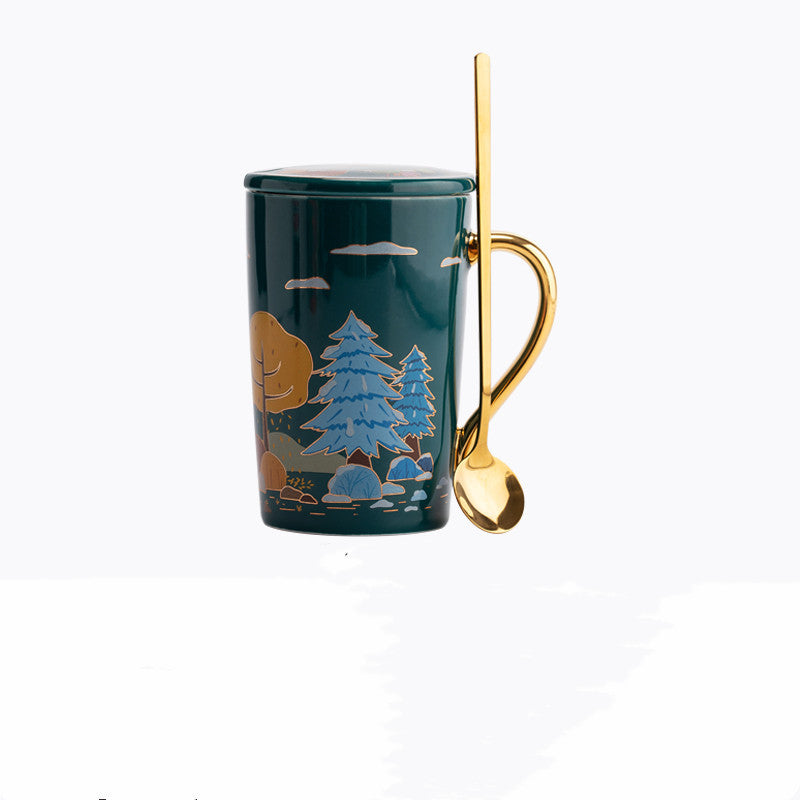 Coffee Ceramic Cup With Lid Spoon