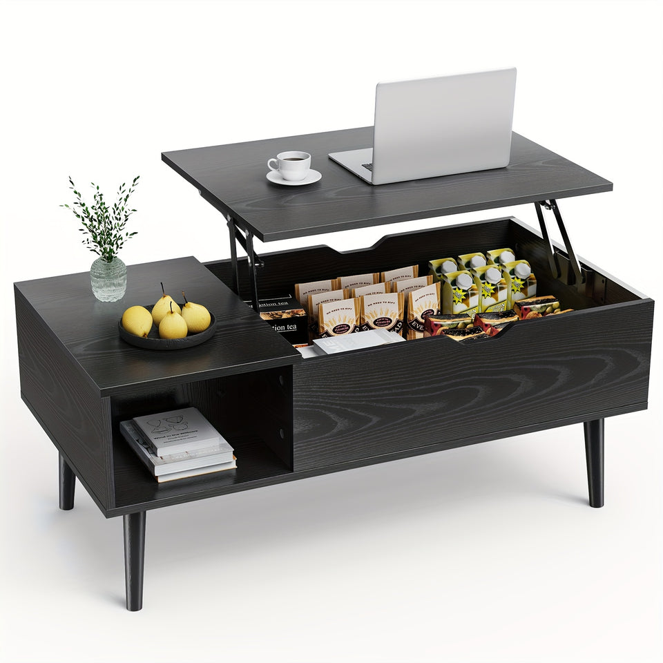 Elegant Black Coffee Table For Living Room - Lift Top Design Offering Versatility. Small Rising Wooden Dining Center Table With Storage Shelf And Hidden Compartment, Ideal For Organizing And Enhancing Your Living Space.