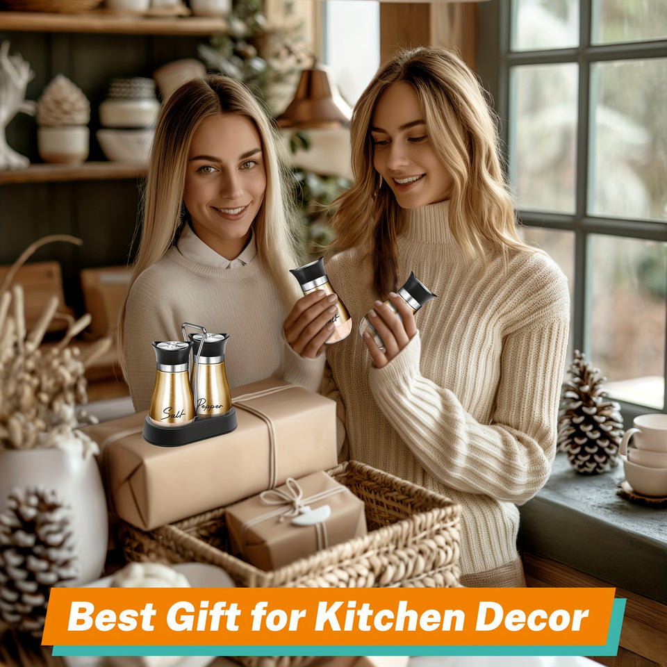 2Pcs Salt And Pepper Shakers Set With Holder,4 Oz Modern Farmhouse Kitchen Decor And Accessories For Restaurant, Wedding, Housewarming Gifts Refillable Design