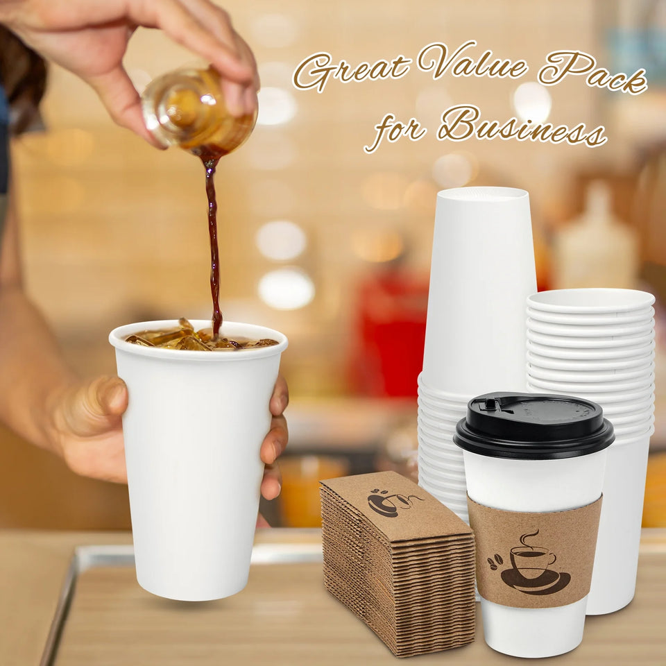 Disposable Paper Cups with Lids, Sleeve 16 Oz 50 Count Insulated