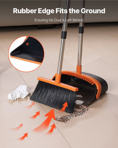 Broom And Dustpan Set, Heavy Duty Dustpan And Broom Combo With Self-Cleaning Teeth, Metal Upright Standing Dust Pan With Long Handle, Ideal For Home, Restaurant, Office, Dorm, Black Orange