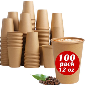 Disposable Paper Cups, to Go Hot Cups, 12 Oz, Kraft,100 Count