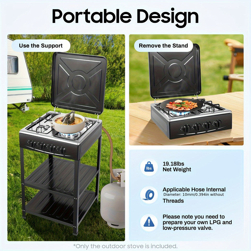 Compact 4-Burner Natural Gas Stove with Protective Cover – Restaurant-Quality Cooking for Home, Camping, and Outdoor Adventures – Non-Slip Feet, Heat Dissipation Holes, Easy Assembly, GDRASUYA10