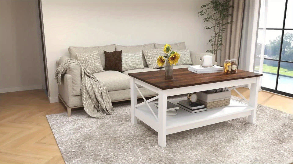 2-Tier Thicken Wood Accent Xelsyo Farmhouse Coffee Table with Open Storage Shelf, Brown and White for Living Room Home Office