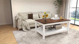 2-Tier Thicken Wood Accent Xelsyo Farmhouse Coffee Table with Open Storage Shelf, Brown and White for Living Room Home Office