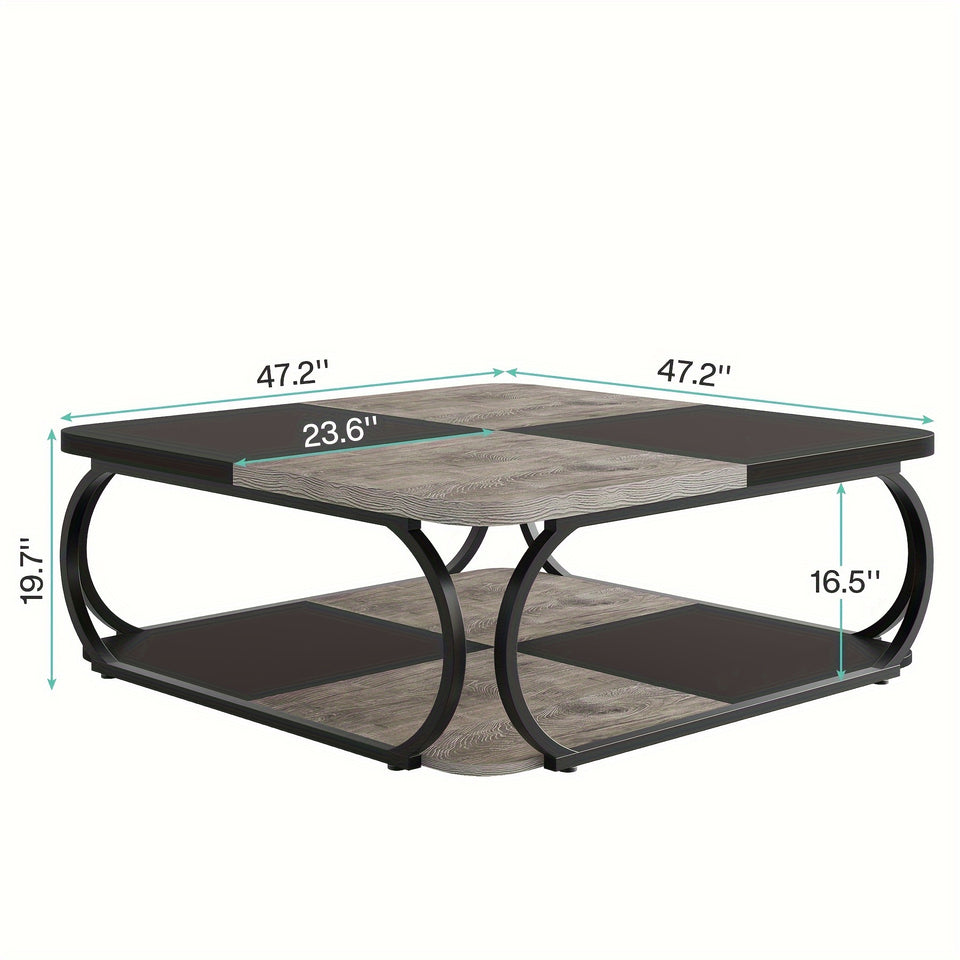 39 Inch Large Wood Coffee Table With Open Storage Shelf, 2 Tier Square Low Farmhouse Tea Table For Living Room And Home Office With Metal Frame