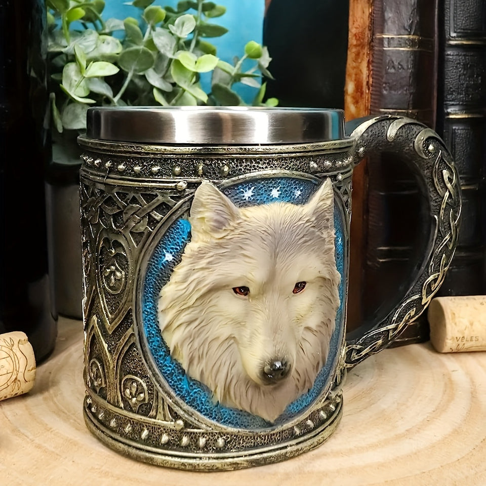 [Wolf Magic Mug] Gray Wolf Celtic Tribe Magic Resin Mug with Stainless Steel Rim | Suitable for Coffee, Tea, Cereal, And Drinks | Perfect for Halloween Parties And Kitchen Decor Featuring Wolf Forest Totem Beer Cup for Bar De