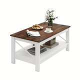 2-Tier Thicken Wood Accent Xelsyo Farmhouse Coffee Table with Open Storage Shelf, Brown and White for Living Room Home Office