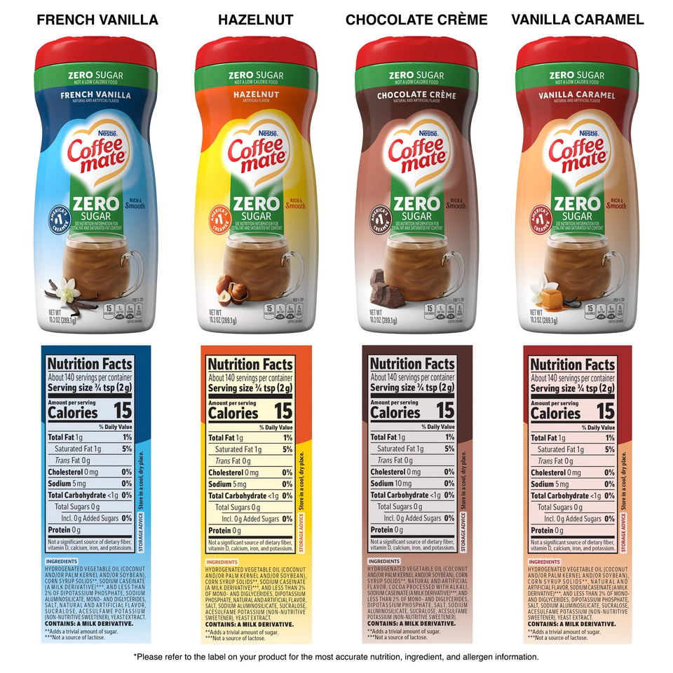 Nestle Coffee Mate, Zero Sugar Variety Pack, Powdered Coffee Creamer, 4 Flavors, 4 Count