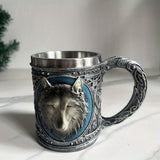 [Wolf Magic Mug] Gray Wolf Celtic Tribe Magic Resin Mug with Stainless Steel Rim | Suitable for Coffee, Tea, Cereal, And Drinks | Perfect for Halloween Parties And Kitchen Decor Featuring Wolf Forest Totem Beer Cup for Bar De
