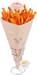 Cone Tek 15 Inch French Fry Cones 100 Recyclable Food Cones - Built-In Sauce Cup Grease-Resistant Lining White Paper Snack Cones for Appetizers and Charcuterie
