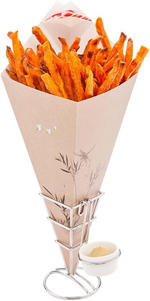 Cone Tek 15 Inch French Fry Cones 100 Recyclable Food Cones - Built-In Sauce Cup Grease-Resistant Lining White Paper Snack Cones for Appetizers and Charcuterie