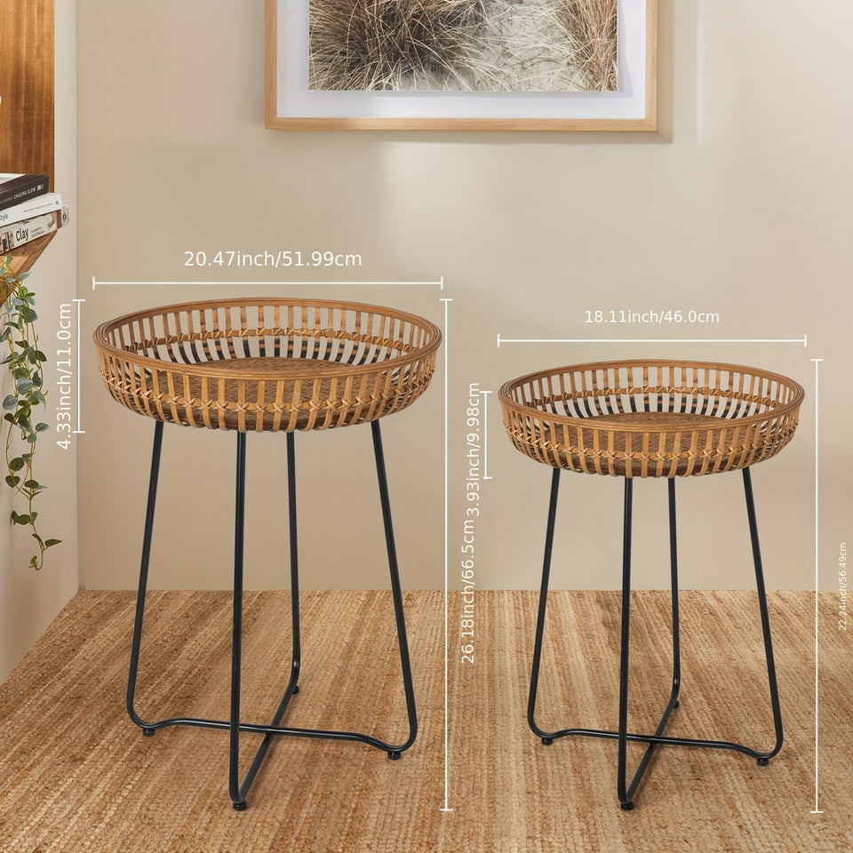 Oakrian Rattan Side Table Nesting Tables Set Of 2, Bamboo Round Table Coffee Table Metal Base End Table for Boho Living Room, Sofa, Bedroom, Terrace, Accent Table(20.47inch)