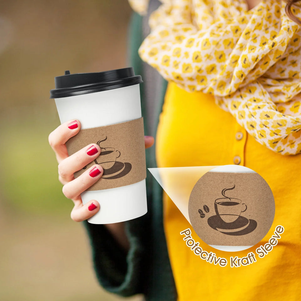 Disposable Paper Cups with Lids, Sleeve 16 Oz 50 Count Insulated