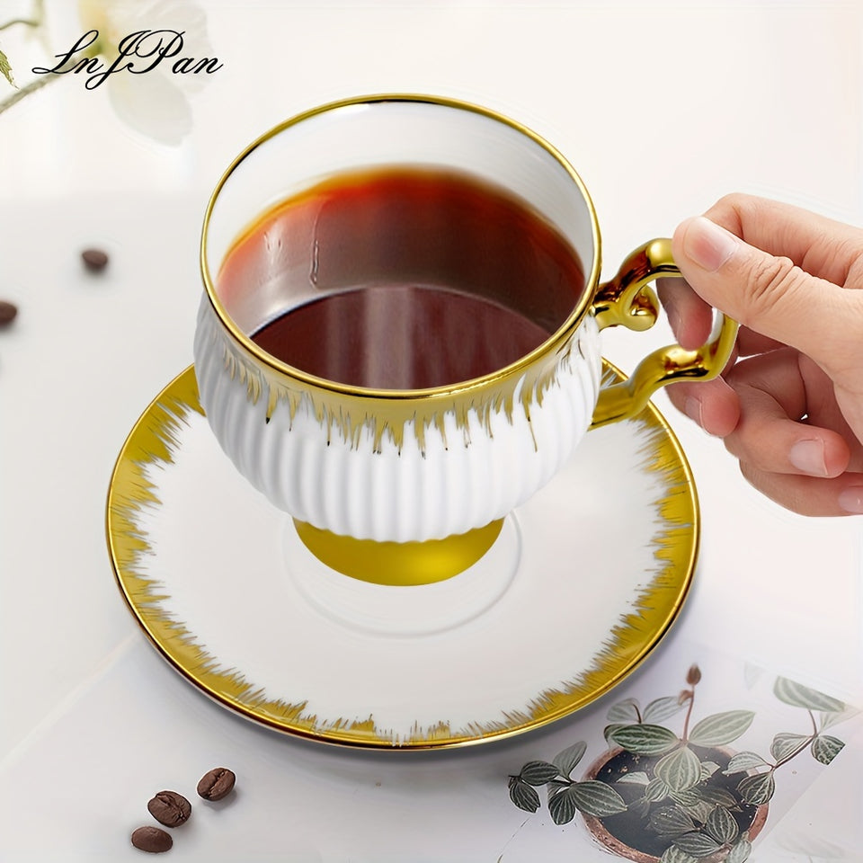 Middle East Style Ceramic Coffee Mug and Saucer Sets for Afternoon Coffee Time in Golden Design Set of 6, 3.38oz