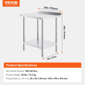 VEVOR 24 X 30 X 36 Inch Stainless Steel Work Table, Commercial Food Prep Worktable Heavy Duty Prep Worktable, Metal Work Table With Adjustable Height For Restaurant, Home And Hotel