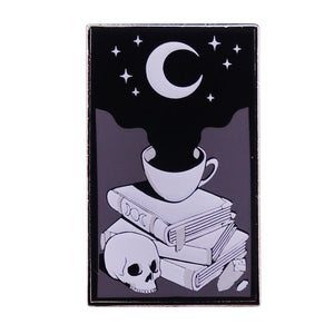 Halloween Skull Moon Loves Coffee Badge Brooch