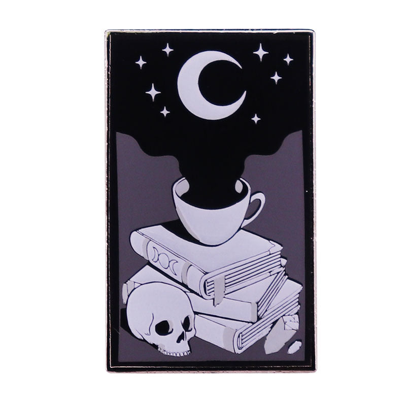 Halloween Skull Moon Loves Coffee Badge Brooch