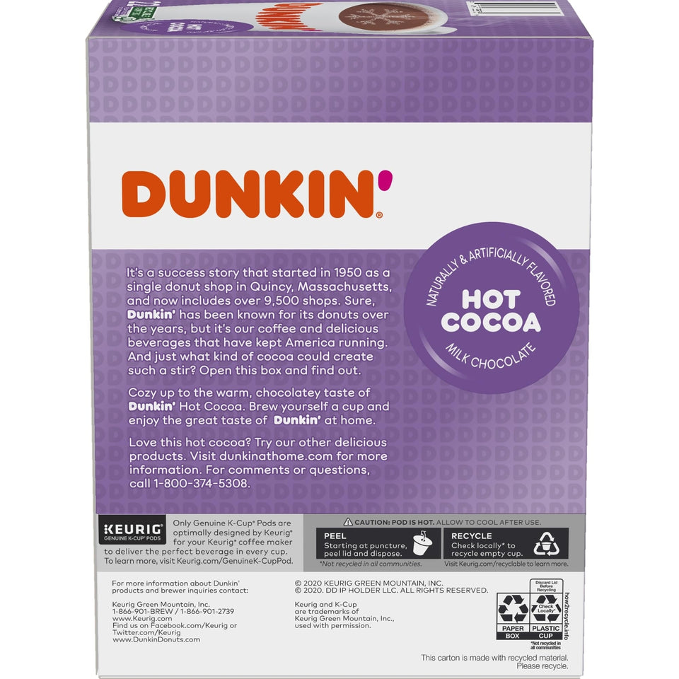Dunkin Donuts Hot Cocoa K Cup Pack of 22 Single Serve Milk Chocolate Pods