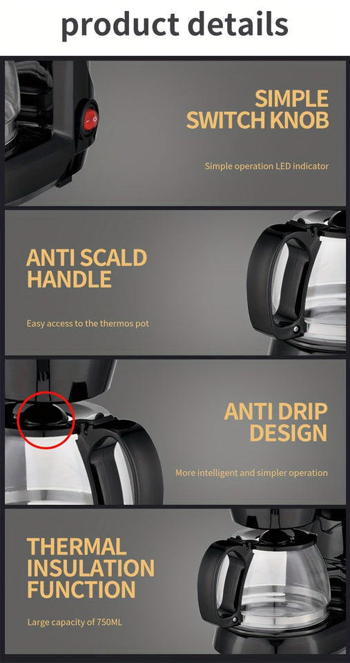 American Drip Coffee Maker 25.36oz 5-6 Cup Coffee Pot