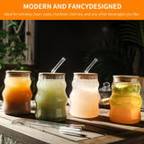 8PCS, Ribbed Drinking Glass Cups with Straws Set, 18 oz Aesthetic Iced Coffee Glasses, Wave Bubble Glasses Tumbler, Ripple Glassware, Beer Glasses for Coctail, Milk, Soda, Gift with Brush