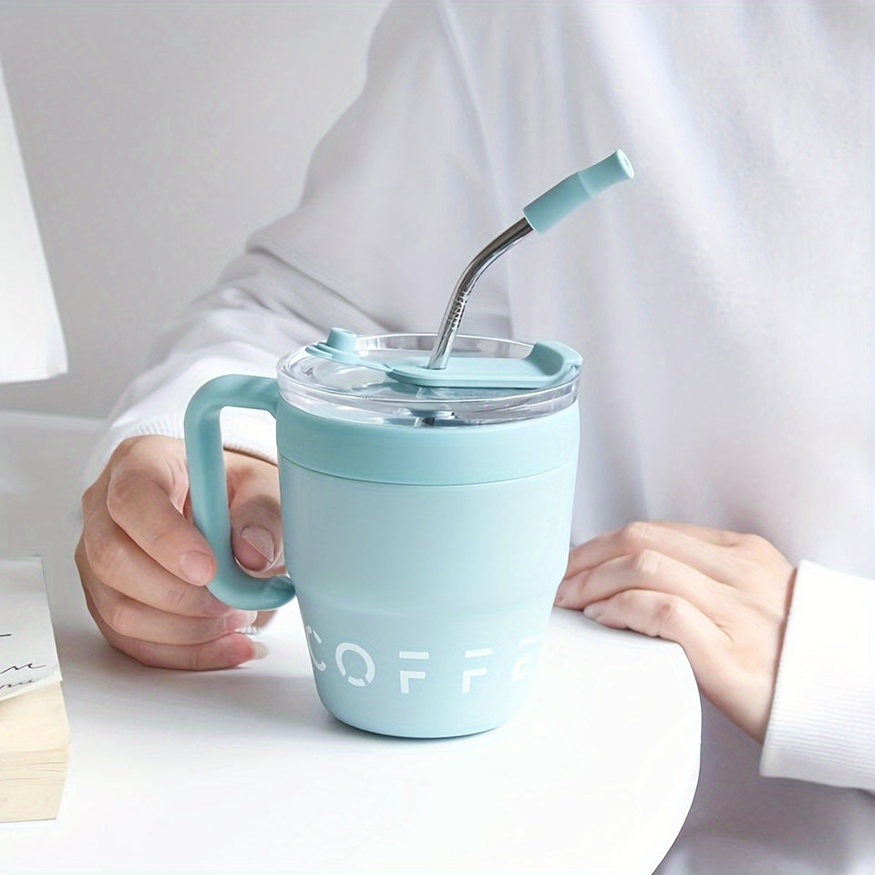 480ml/16 Oz Double-Layer Vacuum Insulated Stainless Steel Coffee Cup With Handle And Straw, Black, White, Light Blue, Pink, Brown, Green