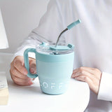 480ml/16 Oz Double-Layer Vacuum Insulated Stainless Steel Coffee Cup With Handle And Straw, Black, White, Light Blue, Pink, Brown, Green