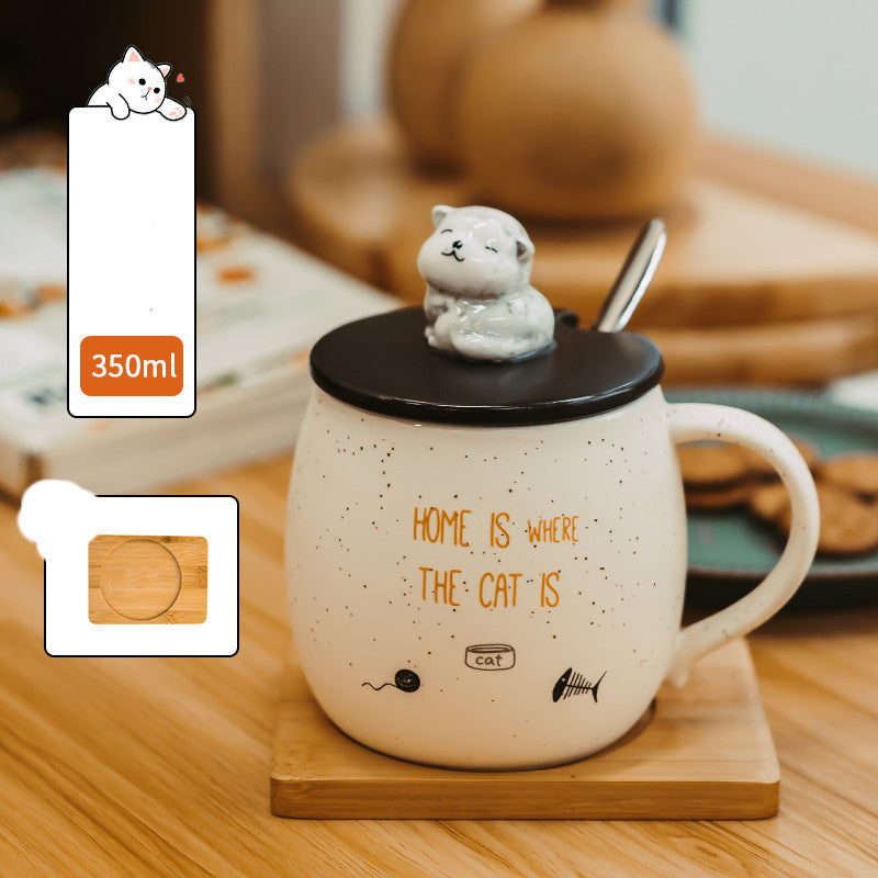 Cute Mark Ceramic Cup Female Coffee Spoon With Lid Cat Home Breakfast