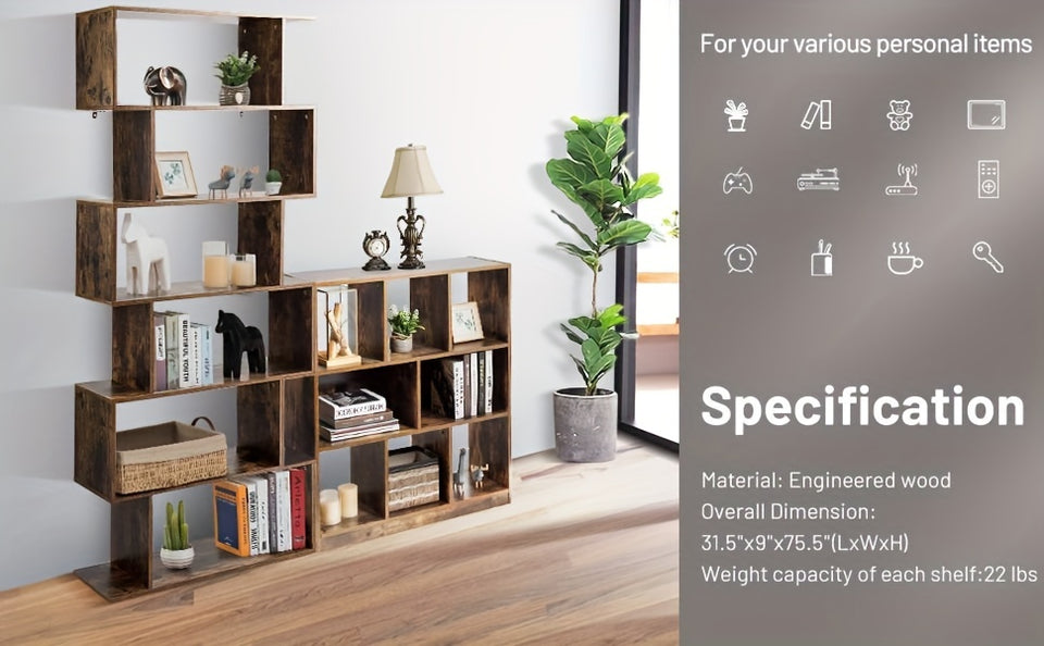 1pc Costway 6 Tier S-Shaped Bookshelf Storage, Display Bookcase Decor Z-Shelf, Coffee