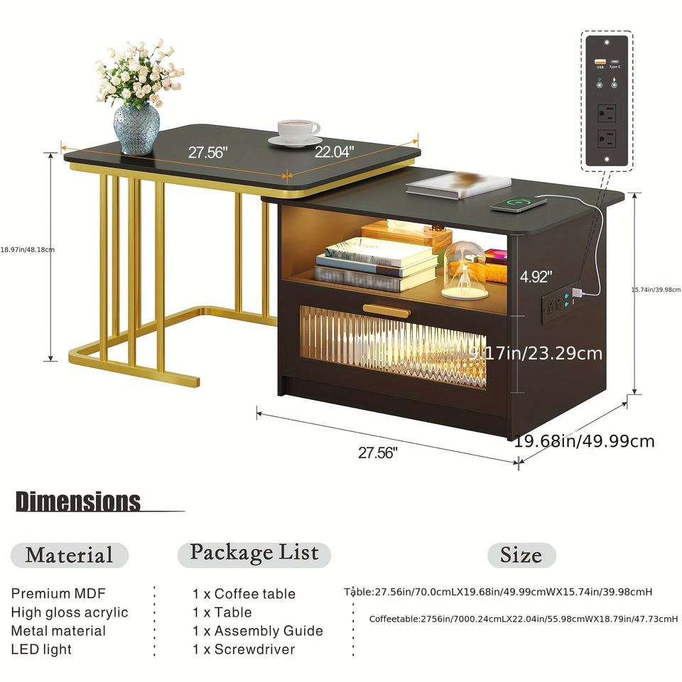 Modern Square LED Coffee Table with Storage - Auto Sensor 3 Colors Lights, Charging Station, Low Profile, White Finish - Perfect for Living Room, Center Table, Coffee Bar Table