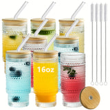 8PCS, Hobnail Drinking Glasses, Glass Cups with Bamboo Lids and Glass Straws Set-16oz Vintage Drinking Glasses Set, Beer Glasses, Iced Coffee Glasses, Cute Tumbler Cup, Ideal for Whiskey, Cocktail, Wine, Gift